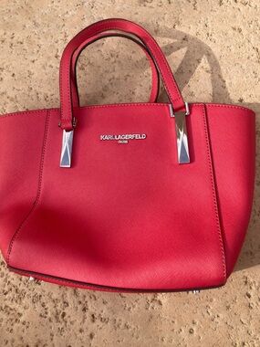 Karl Lagerfeld Pink Saffiano Satchel with Silver Hardware